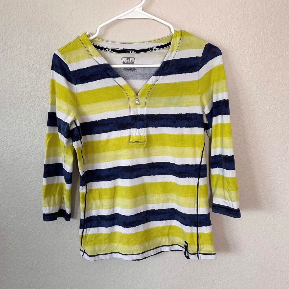 Lauren Ralph Lauren Striped Quarter Zip Top Small S 3/4 Sleeve Green Navy Blue